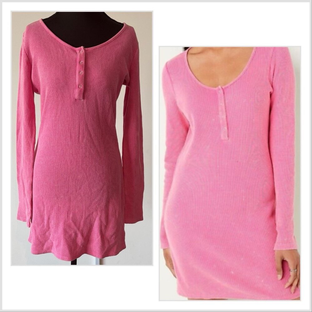 VICTORIA'S SECRET Pink Wash Thermal Long‎ Sleeve Henley Dress S Preppy Coquette
